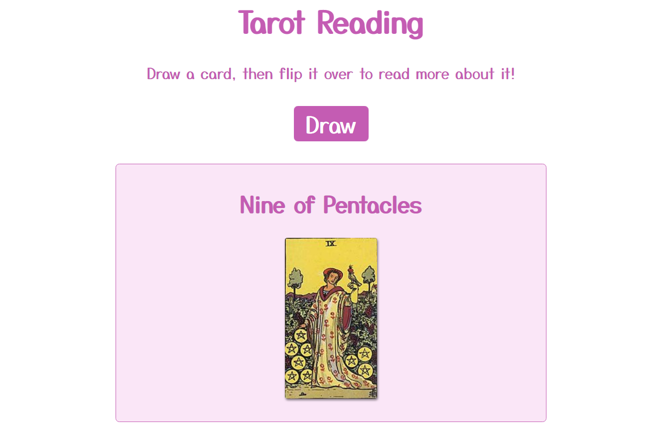 web application showing a tarot card drawing